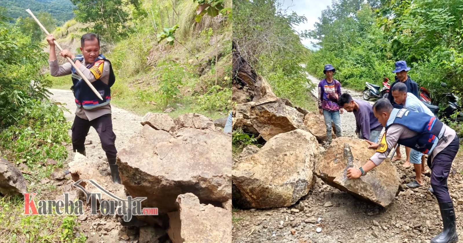 Bhabinkamtibmas Polres Tana Toraja Bersama Warga Bersihkan Longsor di Rano, Akses Jalan Kembali Normal