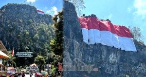 HUT Ke-81 RI, Mapala 45 Universitas Bosowa Bentangkan Bendera Raksasa di Tebing Setinggi 150 Meter di Mengkendek