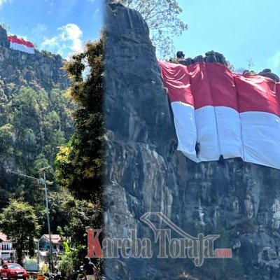 HUT Ke-81 RI, Mapala 45 Universitas Bosowa Bentangkan Bendera Raksasa di Tebing Setinggi 150 Meter di Mengkendek
